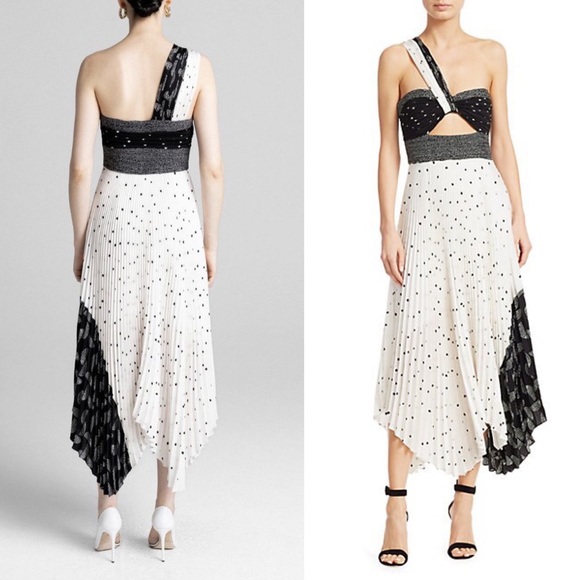 A.L.C. | NWT! Aurora Pleated Polka Dot Midi One Shoulder Dress Size: 4 (small) - Picture 2 of 7